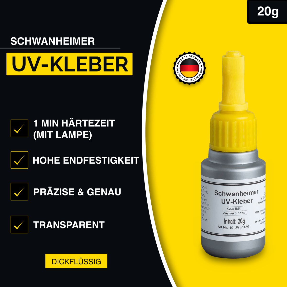 Schwanheimer UV Kleber - extra Stark, kurze Härtezeiten & exakte Verarbeitung - glasklarer UV Kleber mit UV Lampe für Glas, Acryglas, Metalle uvm.